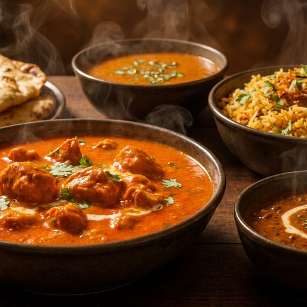 Steaming bowls of Indian butter chicken, dal, rice, and naan bread with butter on a wooden table.