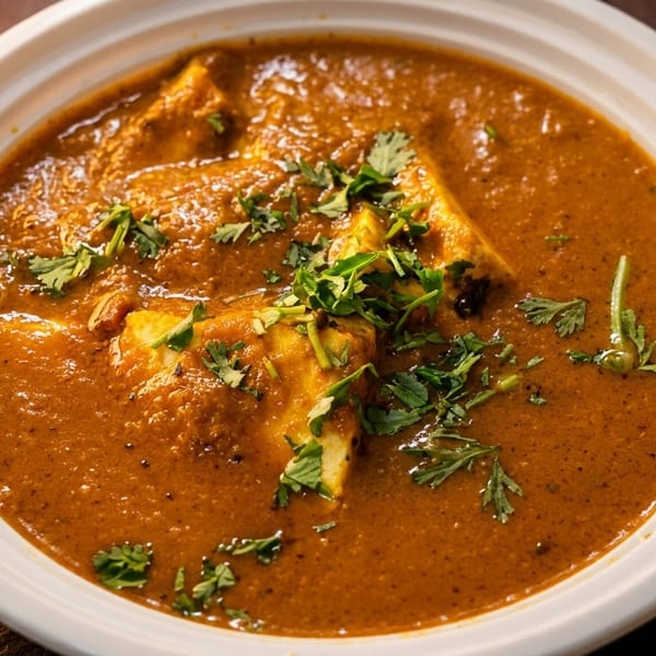 A white bowl filled with paneer butter masala, garnished with fresh cilantro, on a dark surface.