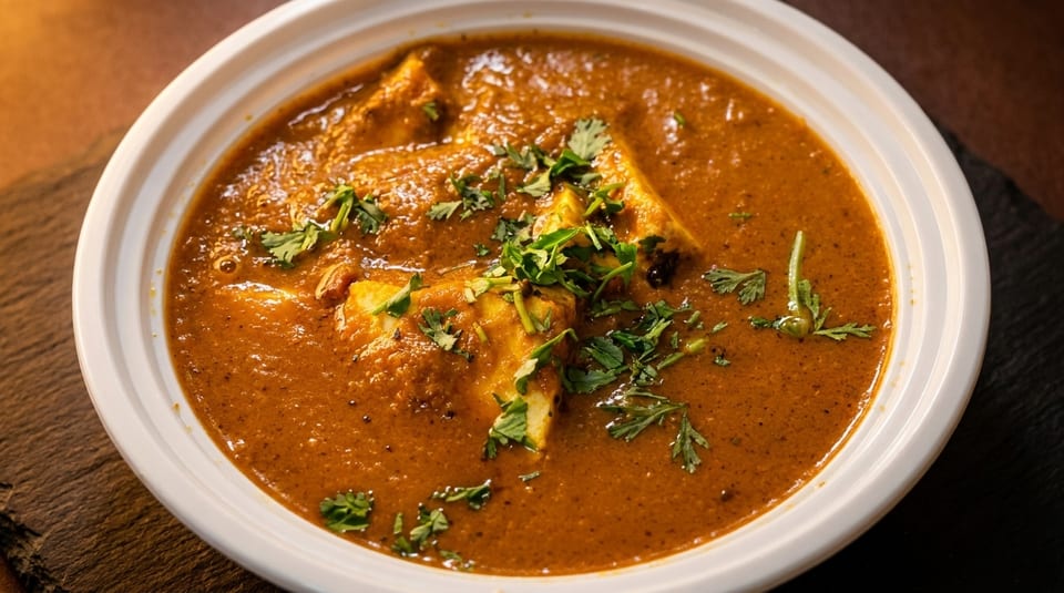 A white bowl filled with paneer butter masala, garnished with fresh cilantro, on a dark surface.