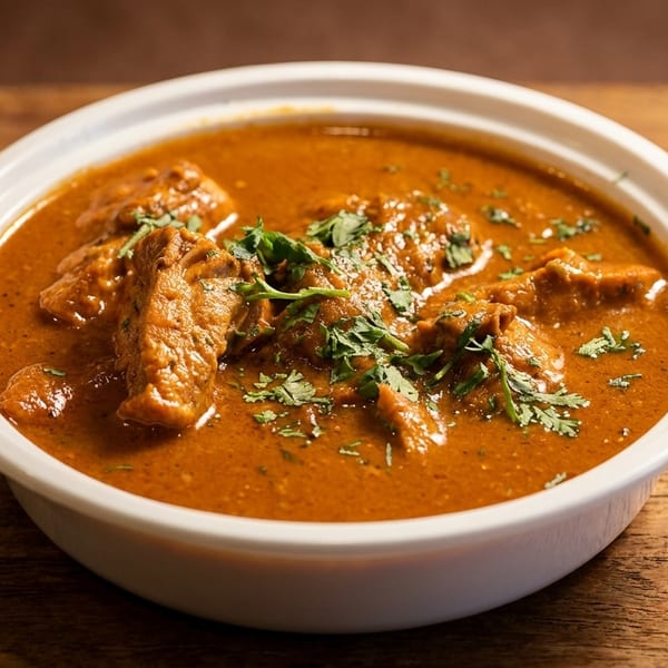 A white bowl filled with rich, orange-brown chicken curry, garnished with fresh green cilantro on a wooden table.