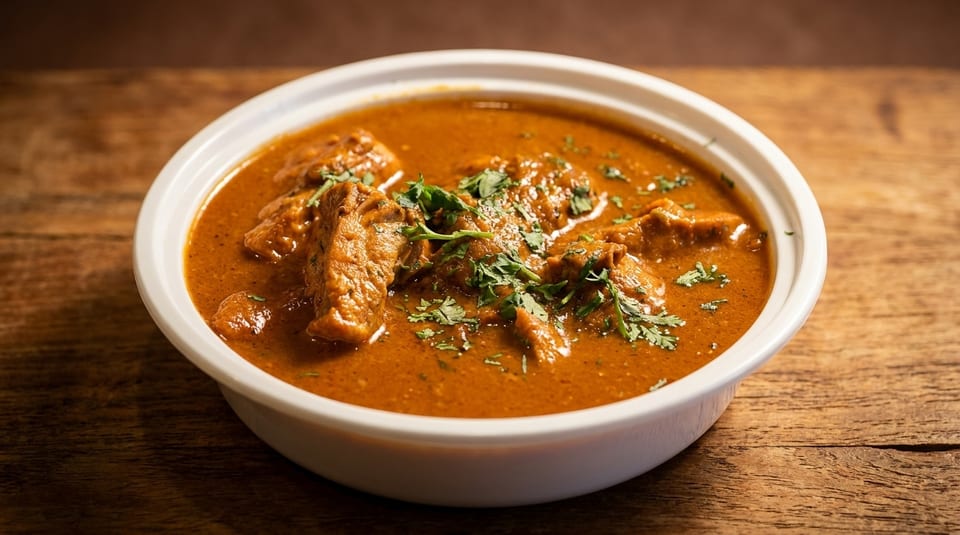 A white bowl filled with rich, orange-brown chicken curry, garnished with fresh green cilantro on a wooden table.