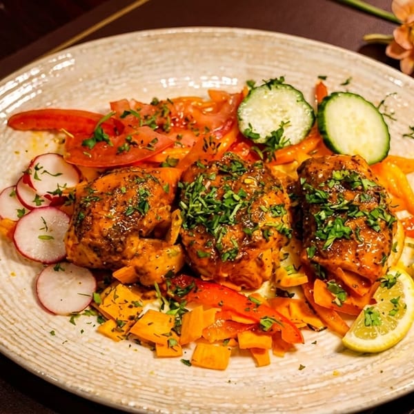 Three pieces of chicken with herbs, surrounded by sliced vegetables and lemon wedges on a plate.
