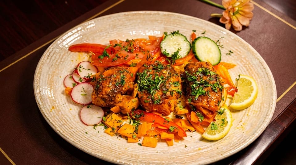 Three pieces of chicken with herbs, surrounded by sliced vegetables and lemon wedges on a plate.